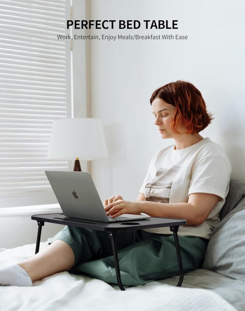 laptop bed desk with cup holder tablet slot